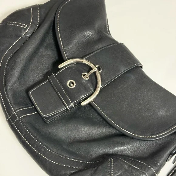 Coach Dark Leather Shoulder Bag with Silver Accents